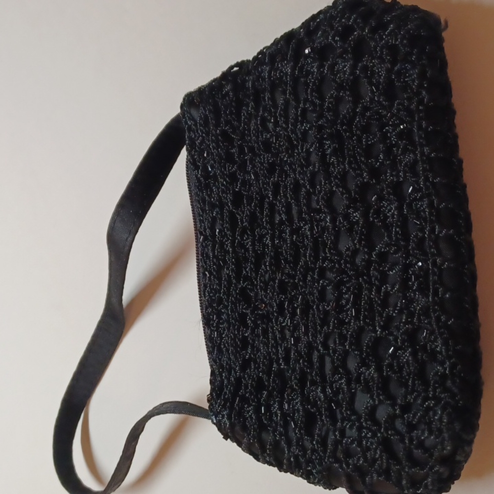 La Regale small black beaded bag with strap zip closure small pocket inside